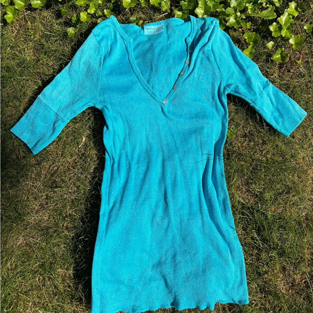 Vintage Michael Stars sky blue 3/4 sleeve fitted top nylon cotton V neck T